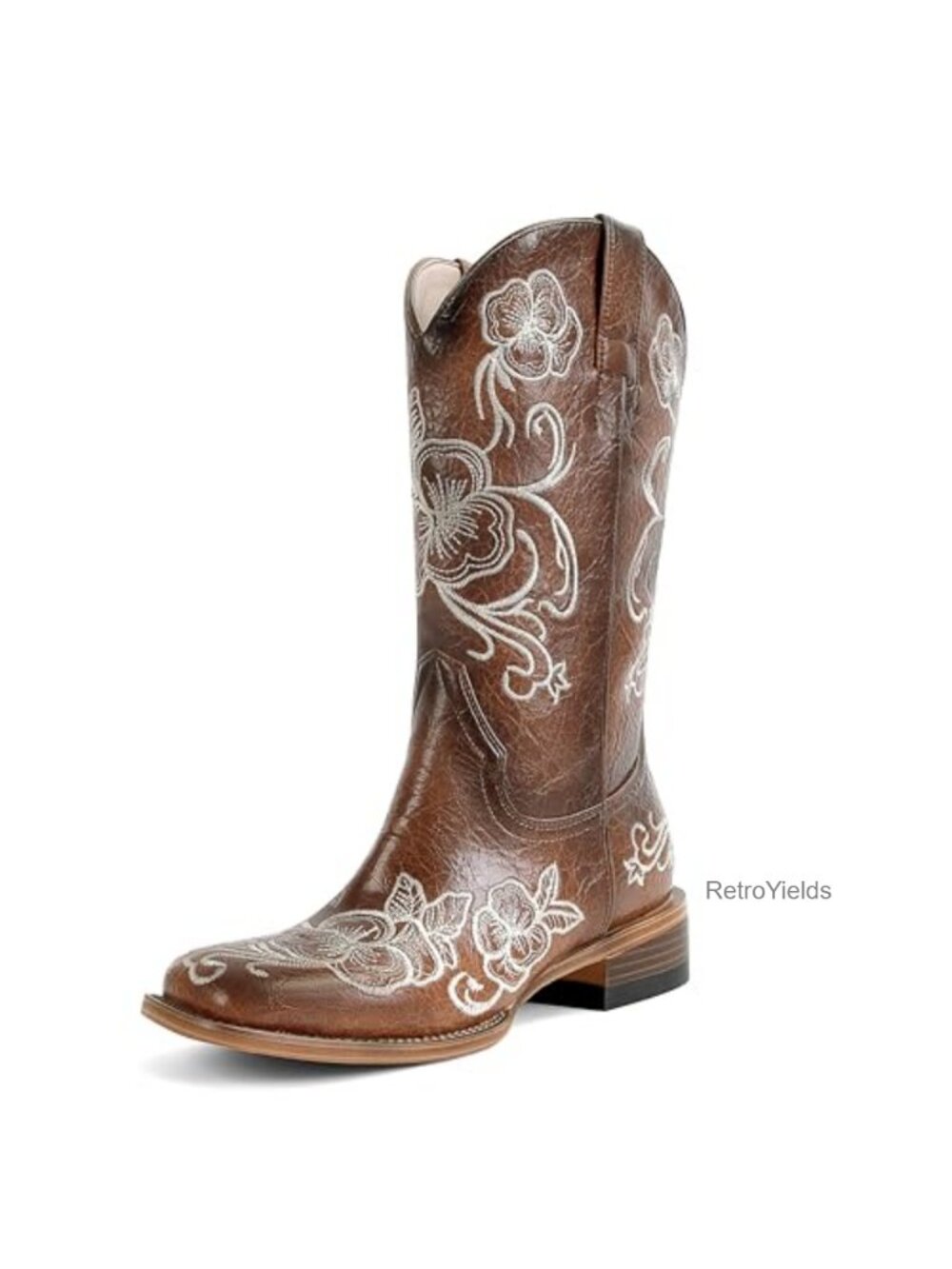 Floral Embroidered Western Cowboy Boots Chunky Heel Mid Calf Square Toe